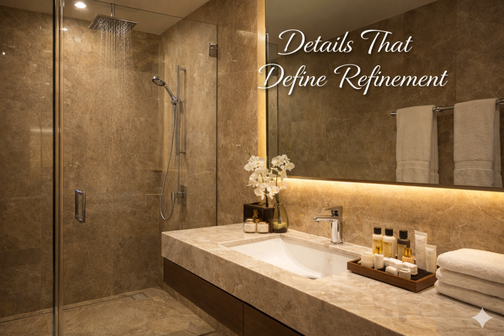 Modern luxury hotel bathroom with rain shower and marble interiors