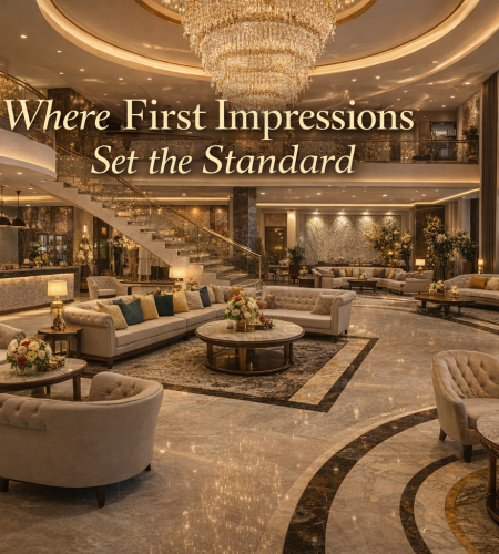 Premium hotel lobby interior with chandelier and marble flooring in Punjab