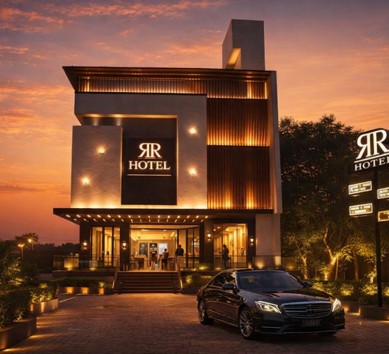 Luxury hotel exterior in Sirhind Punjab with elegant architecture and illuminated façade at sunset, best hotel in sirhind punjab